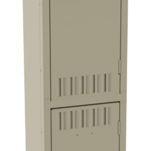 A tall, beige metal locker with two stacked compartments, each featuring vented slots and a black handle.