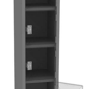 Tall, gray metal locker with multiple shelves and a partially open glass door on one compartment.