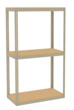 A beige, three-tier metal shelving unit with wooden shelves. It has open sides and back, and perforated metal supports, suitable for storage or organizing items.