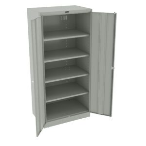 Open grey metal storage cabinet with five shelves and two doors. The cabinet is empty and placed against a white background.