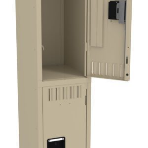 Tall beige locker with two compartments. The upper door is open, showing the empty interior, while the lower door remains closed. Both doors have vented slots and black handles.