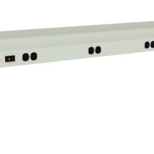 A metal power strip featuring multiple black outlets, a red power switch, and a light gray casing. The strip is designed for under-desk or wall mounting, with holes for screws visible on its edges.