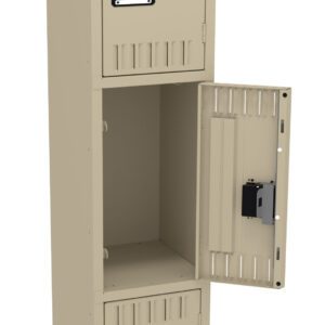 A beige metal locker with three compartments is pictured. The middle compartment door is open, revealing an empty space inside. Each compartment has a black handle and ventilation slits.
