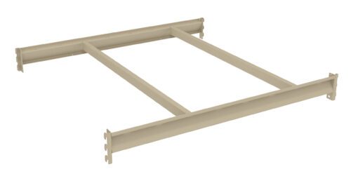 A beige metallic bed frame with two sturdy horizontal beams connected by three vertical slats. The frame appears simple and unadorned, designed for mattress support. The corners have connectors for assembly.