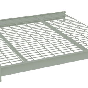A gray metal wire shelf with a grid pattern is displayed. It has vertical attachment panels on each side, suggesting it is designed for installation in a shelving or storage system. The perspective is angled slightly from above.