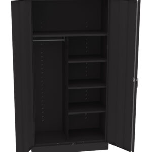 Open black metal wardrobe with two doors, featuring a clothing rod on the left side and four adjustable shelves on the right. The interior is spacious, suitable for storing clothes and other items.
