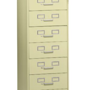 A beige six-drawer filing cabinet with metal handles on each drawer. The top drawer has a label holder and a lock, while the rest have only label holders. The cabinet is standing upright against a plain white background.
