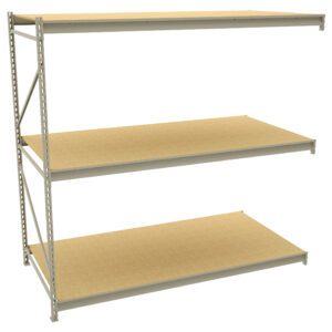 A metal storage rack with three empty wooden shelves, positioned at an angle. The unit has a sturdy frame with support beams, suitable for organizing or storing items in a garage or warehouse setting.