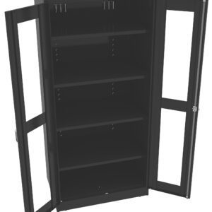 A tall metal cabinet with glass doors open, revealing four adjustable shelves inside. The exterior is black, and the handles are silver. The cabinet appears empty.