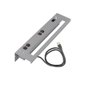 A metallic power strip with four black outlets, a power switch, and a LED indicator. It includes a black power cord with a three-prong plug. The unit has a bracket for mounting. The strip is displayed against a plain white background.