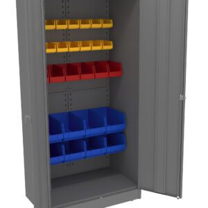 A gray metal storage cabinet with open doors, revealing three shelves with colorful plastic bins. The top shelf holds yellow bins, the middle shelf has red bins, and the bottom shelf contains blue bins.