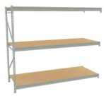 A metal shelving unit with three wooden shelves. The structure is light gray, and the shelves are a natural wood color. The unit has a simple industrial design, suitable for storing items in garages or workshops.