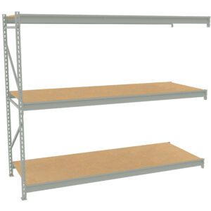 A metal shelving unit with three wooden shelves. The structure is light gray, and the shelves are a natural wood color. The unit has a simple industrial design, suitable for storing items in garages or workshops.