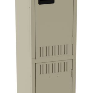 A tall, beige metal locker with two compartments, each having a black handle and ventilation slots near the top. The locker stands upright against a plain white background.