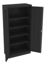 A black metal storage cabinet with two doors, one open and the other slightly ajar, revealing four interior shelves. The cabinet is empty and designed for organizing items.