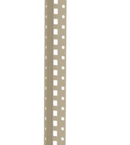 A tall, vertical metal strip with evenly spaced holes along its length, typically used for shelving or support structures. The strip is positioned against a plain white background.