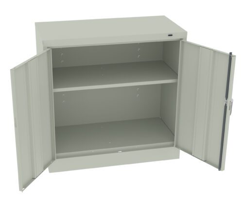 Open gray metal cabinet with two doors and two shelves. The shelves are empty, and the doors are wide open, revealing the interior of the cabinet. The cabinet is placed against a plain background.