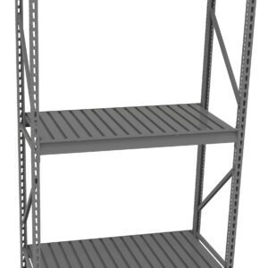 A gray, metal shelving unit with three slatted shelves. The frame is constructed from vertical beams with perforated holes for adjustable shelf placement. The design is utilitarian, suitable for storage in a garage or warehouse.