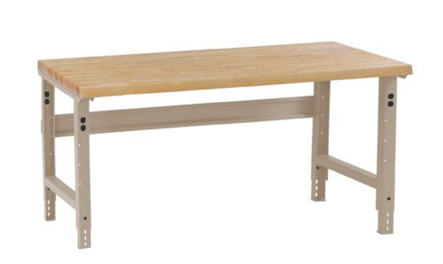 A wooden workbench with a light brown rectangular tabletop and adjustable beige metal legs, set on a white background.