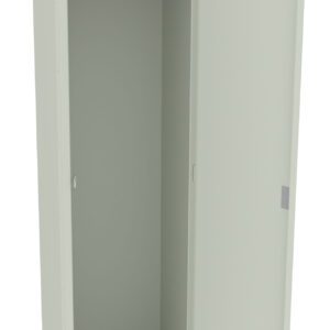 An open, tall, empty light gray metal locker with a single door. Inside, there is a hanging rod near the top and a hook on the left side. The locker is positioned on a plain white background.