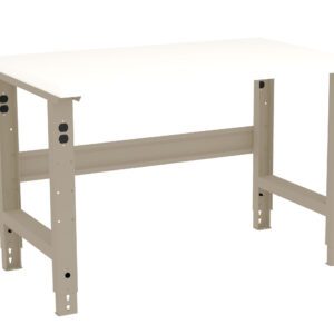 A beige and white adjustable workbench with a flat tabletop and metal legs. The legs have multiple holes for adjusting the height, and the design is minimalist, suitable for various tasks or settings.