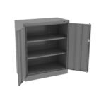 A grey metal cabinet with two open doors, revealing three adjustable shelves. The cabinet is empty, showing a plain interior. It appears to be suitable for storage in a garage, office, or industrial setting.