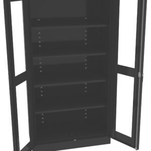 Black metal cabinet with glass doors open, featuring five adjustable shelves and numerous holes for height adjustments inside. The cabinet is empty and shown against a white background.