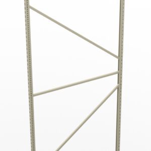 A metal storage rack end frame with two vertical beams connected by horizontal and diagonal support bars, creating a sturdy structure. The frame is designed for use in industrial shelving systems.