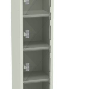 Tall white storage cabinet with a transparent door on top, four adjustable shelves visible inside. The cabinet has a minimalist design, suitable for organizing various items.
