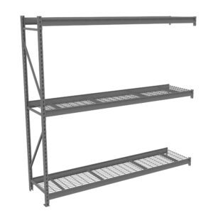 A gray metal shelving unit with two levels of wire mesh shelves and an upper solid shelf. The frame features vertical supports with multiple holes for adjustable shelving. The shelving is empty and set against a plain white background.