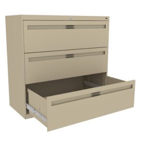 A beige, three-drawer filing cabinet with the bottom drawer fully open. The cabinet has a clean, modern design with horizontal handles on each drawer.