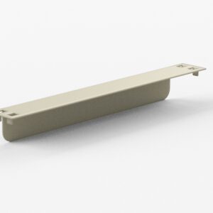 A beige, rectangular plastic cable management tray with mounting holes on each end, designed to attach under a desk or table, placed on a white background.