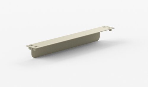 A beige, rectangular plastic cable management tray with mounting holes on each end, designed to attach under a desk or table, placed on a white background.