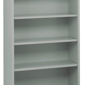 A tall, empty metal bookshelf with four shelves and a light gray finish. The design is simple and functional, with adjustable shelving slots on the sides.