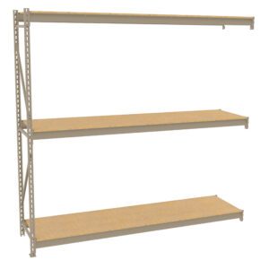 Metal shelving unit with three wooden shelves. The structure is beige and the shelves are evenly spaced. The shelves are supported by vertical metal beams on one side and horizontal braces.