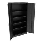 A black metal storage cabinet with two doors, one open and one closed, revealing four empty shelves inside. The cabinet has a simple, industrial design.