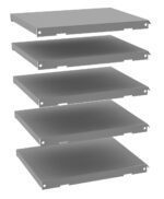 Five gray metal shelves stacked vertically in an exploded view, each with small holes at the corners.