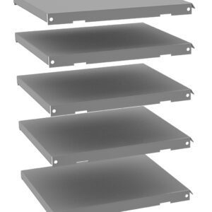 Five gray metal shelves stacked vertically in an exploded view, each with small holes at the corners.