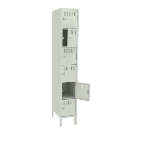 A tall, light gray metal locker unit with five compartments. Each compartment has a small ventilation grille and a latch handle. The fourth compartments door is open, while the others are closed. The locker stands on four legs.