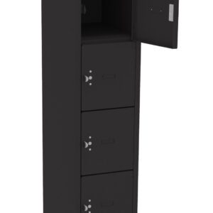 Tall black storage locker with six compartments, one of which is open. Each compartment has a handle and lock. The locker stands on four legs, and the overall design is sleek and minimalist.
