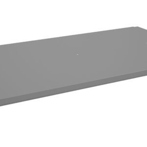 A flat, rectangular metal shelf with holes for mounting, displayed against a white background. The shelf has simple edges and a smooth surface with small brackets at each corner.