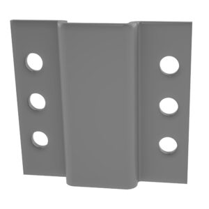 A gray metal bracket with six holes, three on each side. The central section is raised, forming a U-shape, often used for structural support in mezzanines or fastening purposes.