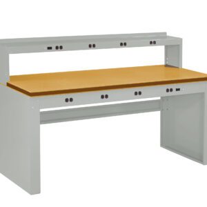 A gray workbench with a light wooden top and a sturdy design. It features multiple electrical outlets on the backboard and beneath the surface, suitable for workshops or labs.