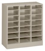 A beige, multi-tier, metal shelving unit with three columns and adjustable shelves, designed for organizing files or documents. The unit has a simple, industrial look and contains multiple empty slots for storage.
