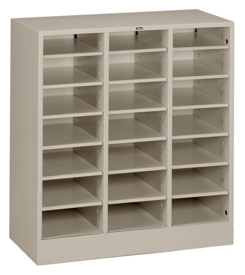 A beige, multi-tier, metal shelving unit with three columns and adjustable shelves, designed for organizing files or documents. The unit has a simple, industrial look and contains multiple empty slots for storage.
