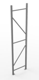 A tall, metal shelving frame with vertical beams and diagonal supports, featuring multiple holes along the edges for adjustable shelving. The frame is positioned against a plain white background.