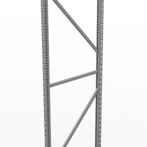 A tall, metal shelving frame with vertical beams and diagonal supports, featuring multiple holes along the edges for adjustable shelving. The frame is positioned against a plain white background.