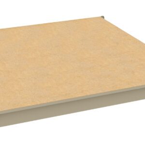 A beige, square wooden panel with a light brown surface is framed by a thin, light-colored metal border. The panel is elevated slightly, giving it a three-dimensional appearance.