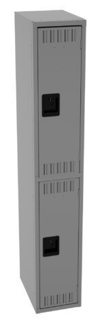 A tall, gray metal locker with two vertically stacked compartments, each featuring a rectangular black handle and ventilation slots at the top and bottom of the doors.