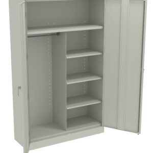 A light gray metal cabinet with two open doors, featuring a hanging rod on the left and four adjustable shelves on the right. The cabinet has a handle on the left door and a simple, utilitarian design.